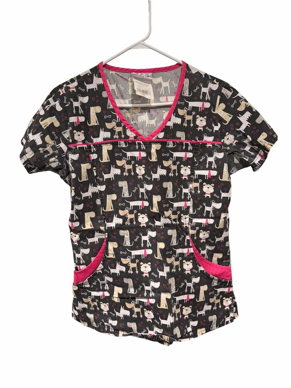 UA Scrubs Women's Black Dog-Print V-Neck Top with Pink Trim